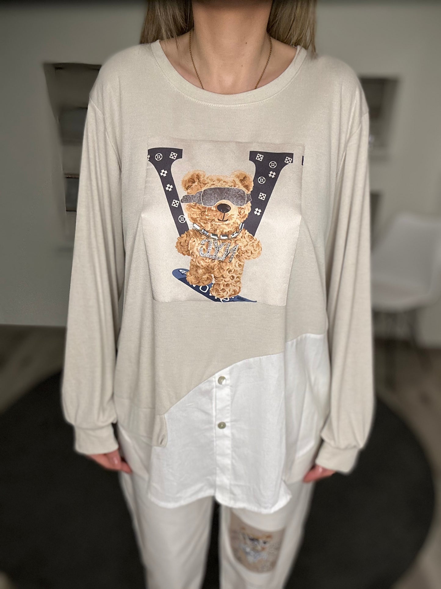 Langarmshirt mit Blusendetails und Bären-Print