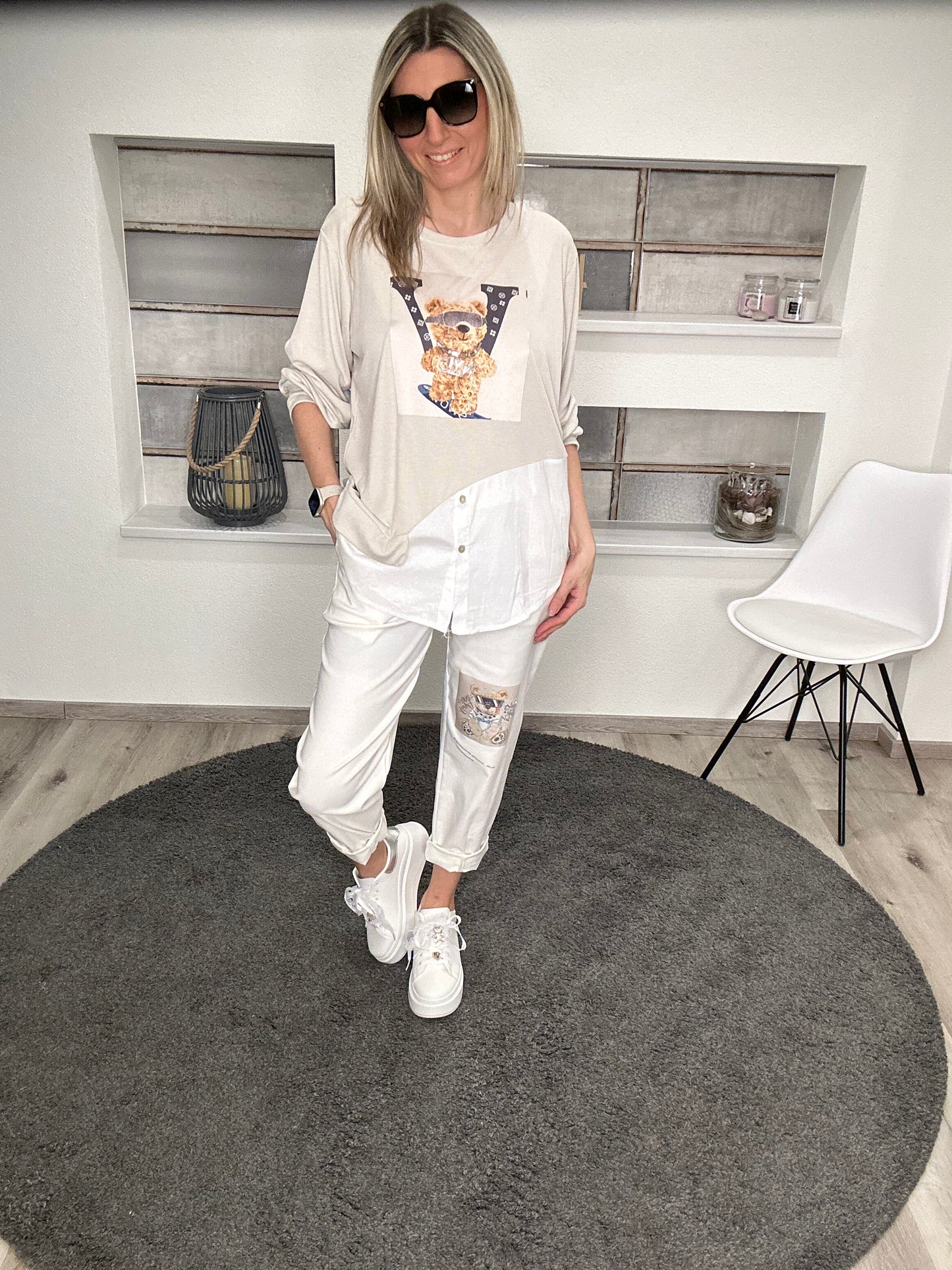 Langarmshirt mit Blusendetails und Bären-Print