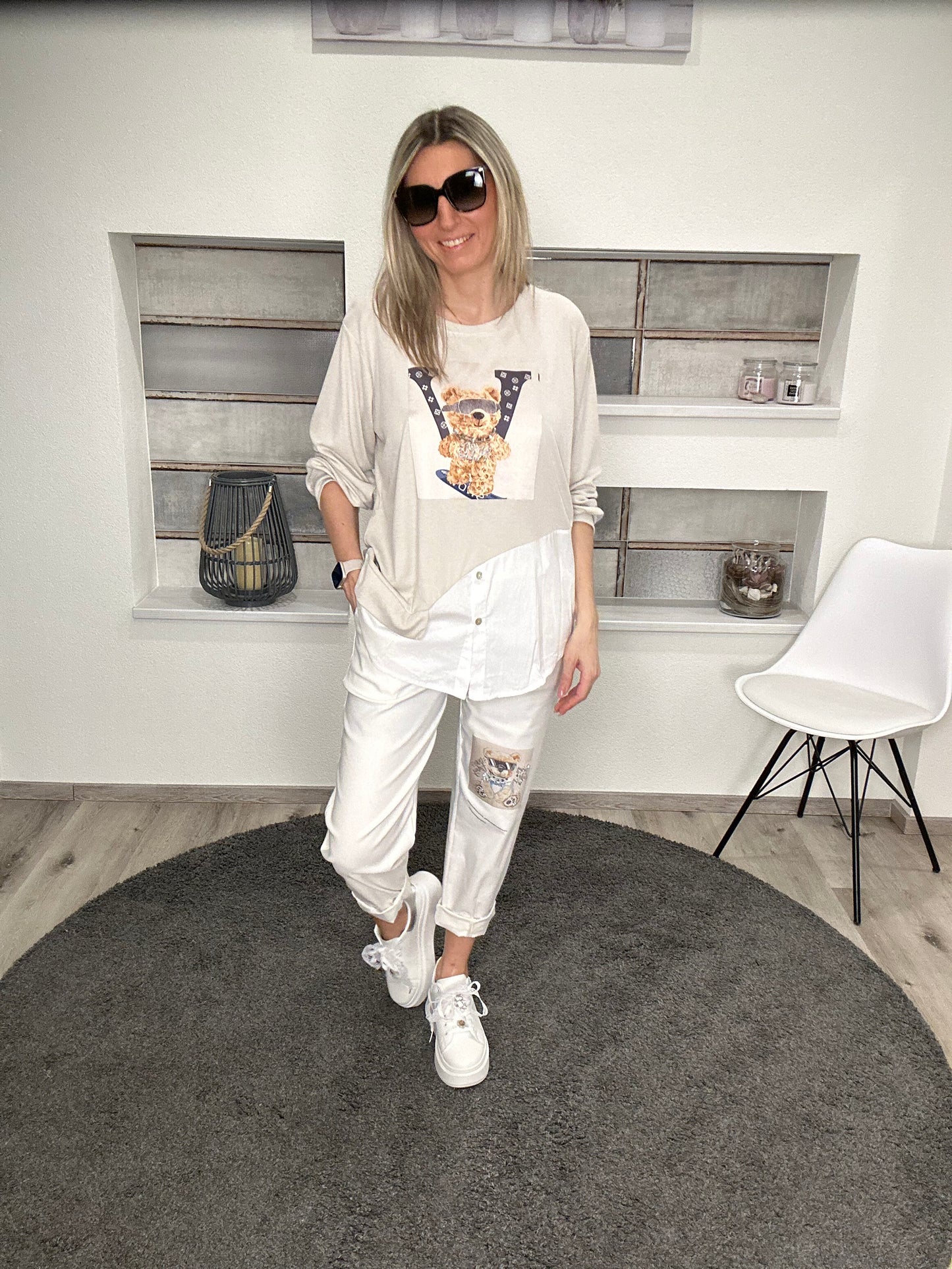 Langarmshirt mit Blusendetails und Bären-Print