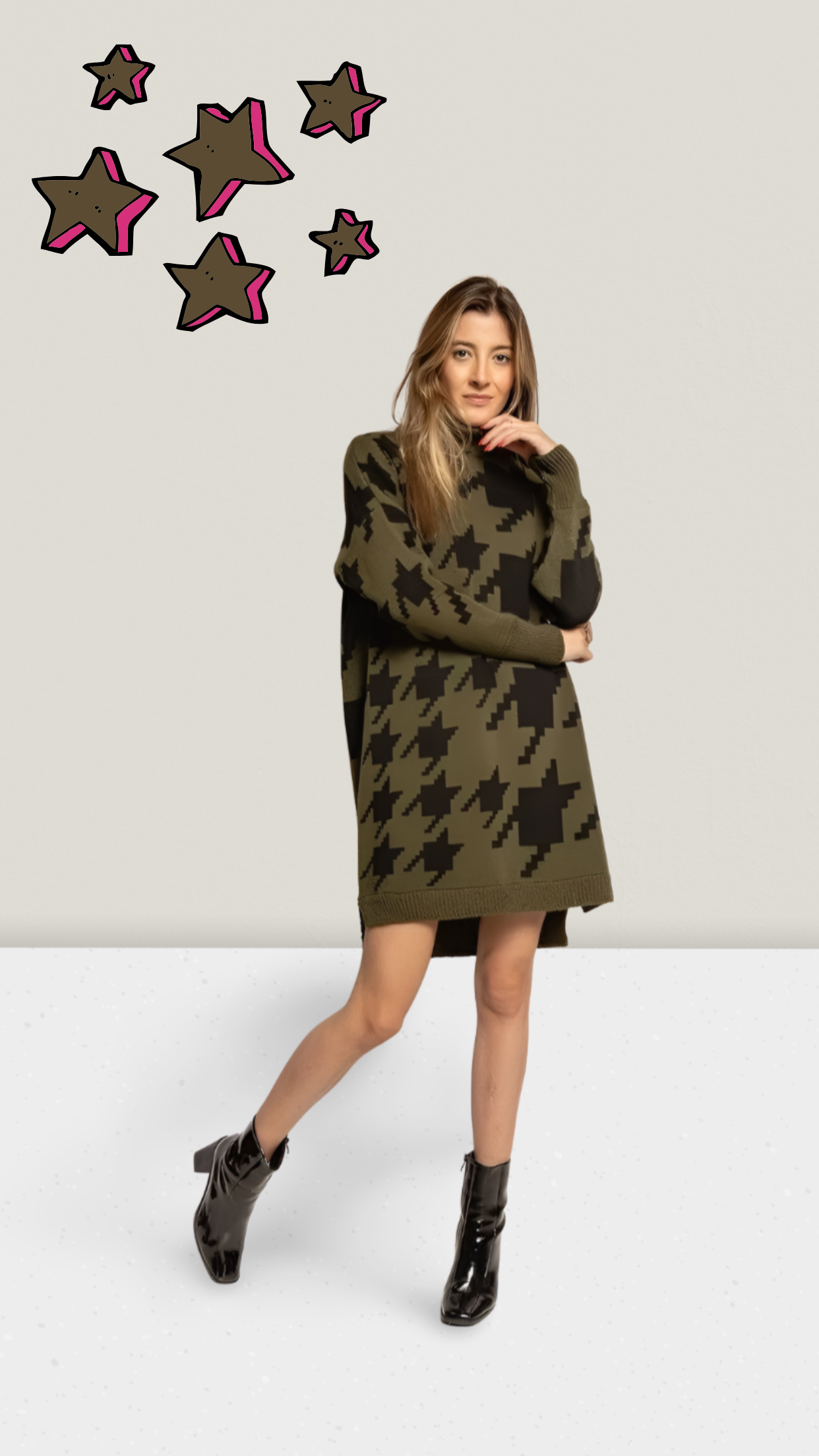 Pulloverkleid mit Rollkragen und Hahnentrittmuster