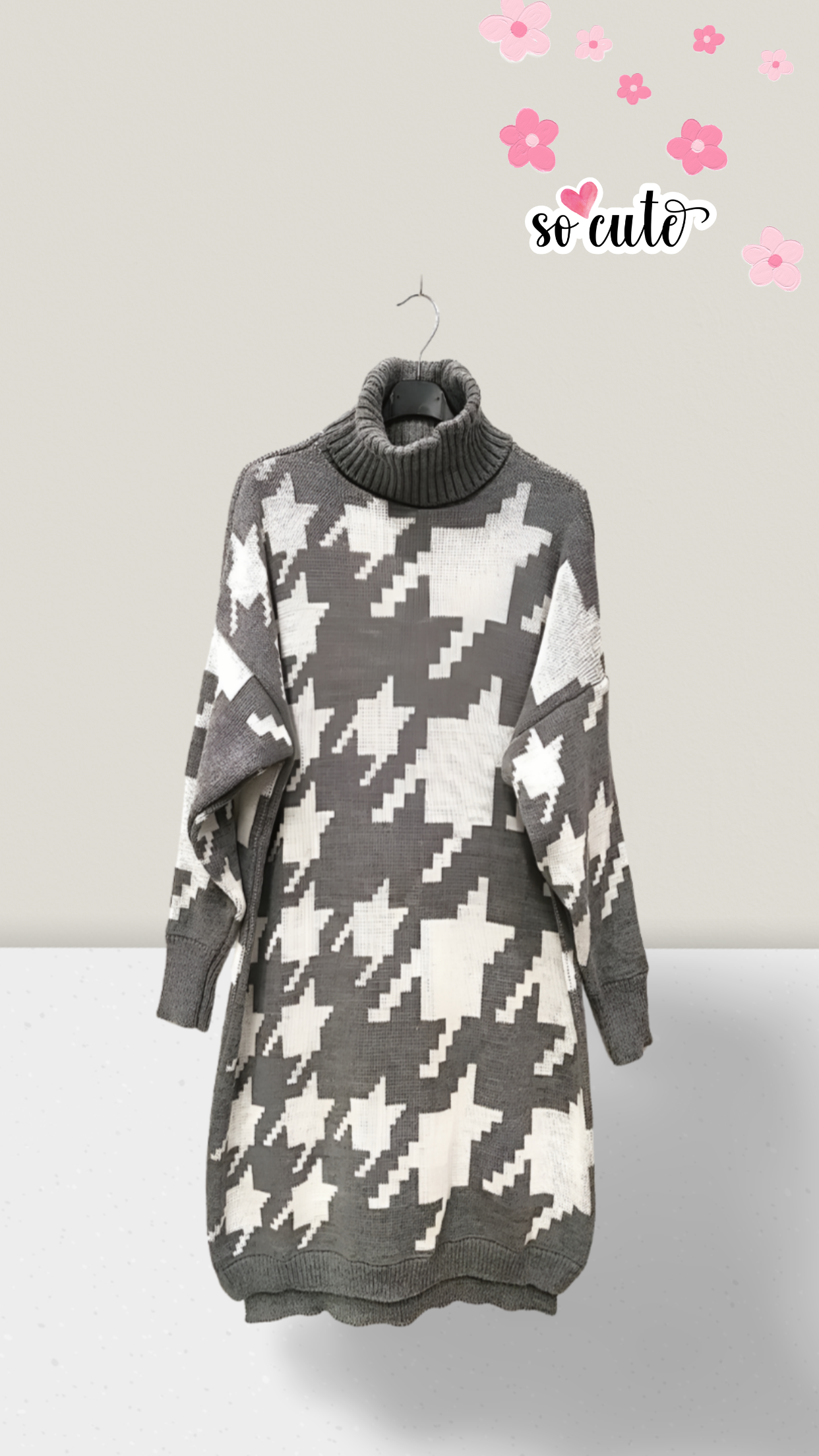 Pulloverkleid mit Rollkragen und Hahnentrittmuster