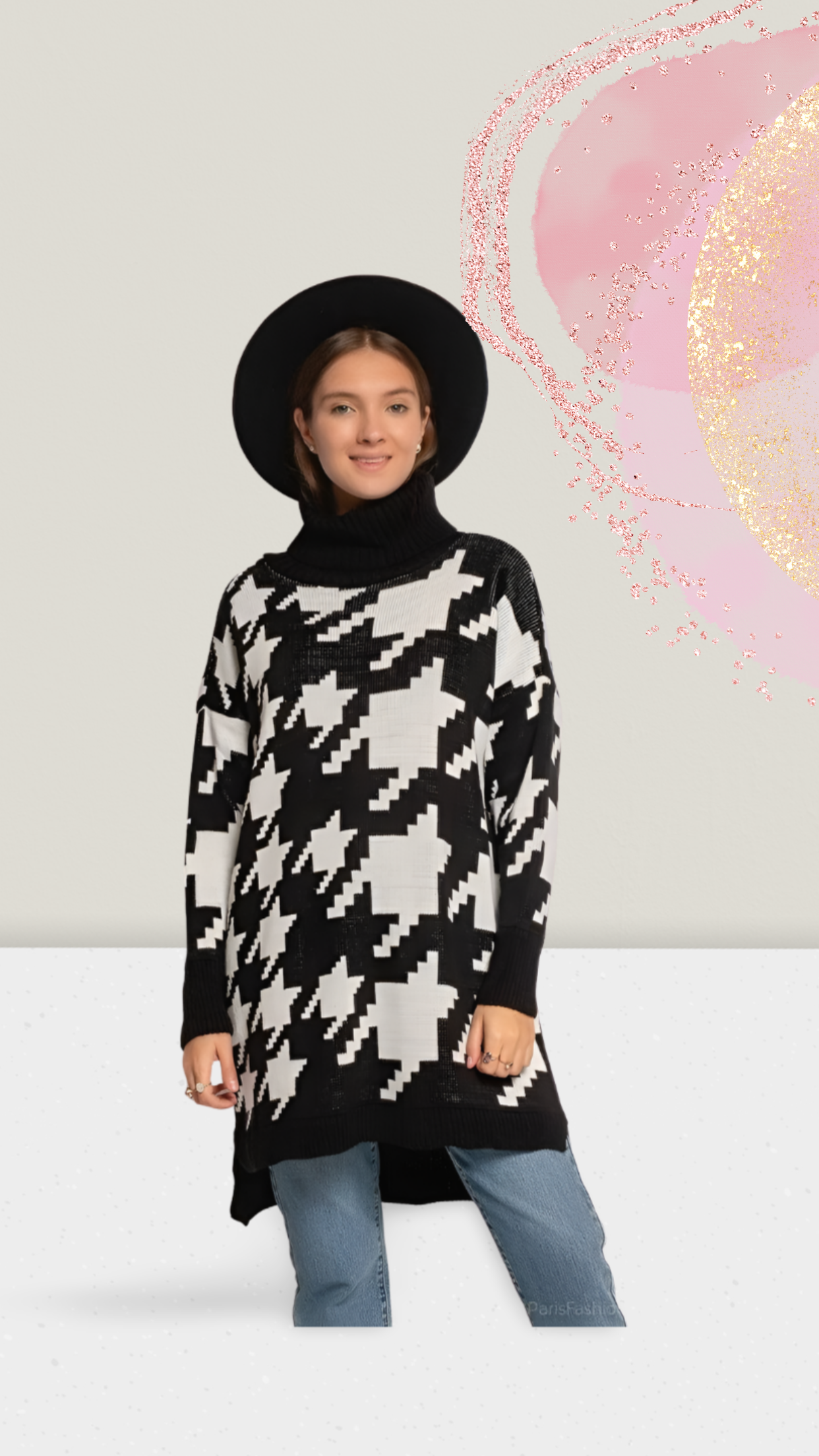 Pulloverkleid mit Rollkragen und Hahnentrittmuster