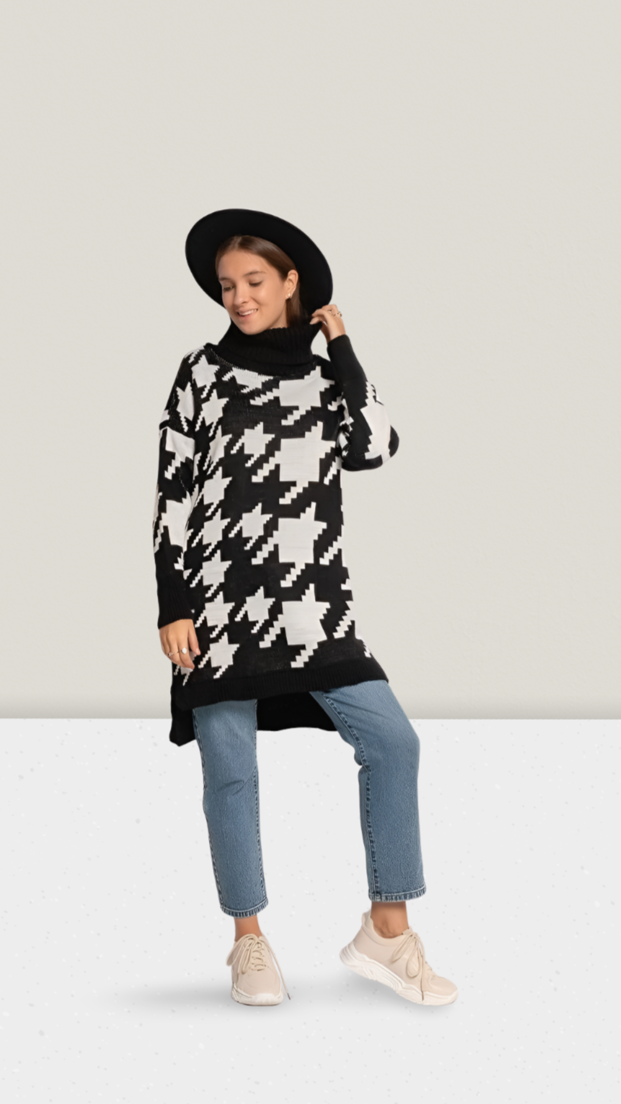 Pulloverkleid mit Rollkragen und Hahnentrittmuster